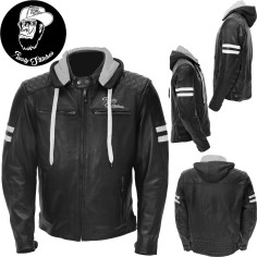 Rusty Stitches læderjakke JARI HOODED motorcykel-hættetrøje med aftagelig hætte og beskyttere