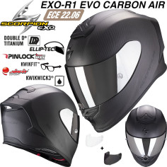 Scorpion full-face hjelm EXO-R1 EVO CARBON AIR premium hjelm med Max Vision Pinlock AirFit to visirer og ECE 22.06