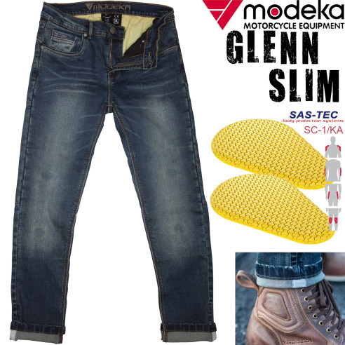Modeka 5-pocket denim motorcykel jeans GLENN SLIM Skinny Fit med Aramid og SAS-TEC SC-1 / KA beskyttere