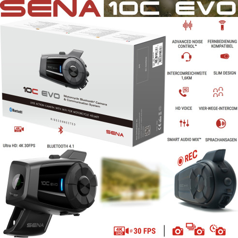 Sena Motorcykel Headset 10C EVO med 4K Camera Video Photo Time Lapse Bluetooth 4.1 og Universal Intercom til 1,6 km