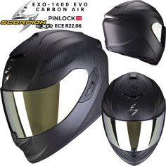 Scorpion full-face hjelm EXO-1400 EVO Carbon Air med AirFit System ECE 22.06 solskærm og MaxVision Pinlock