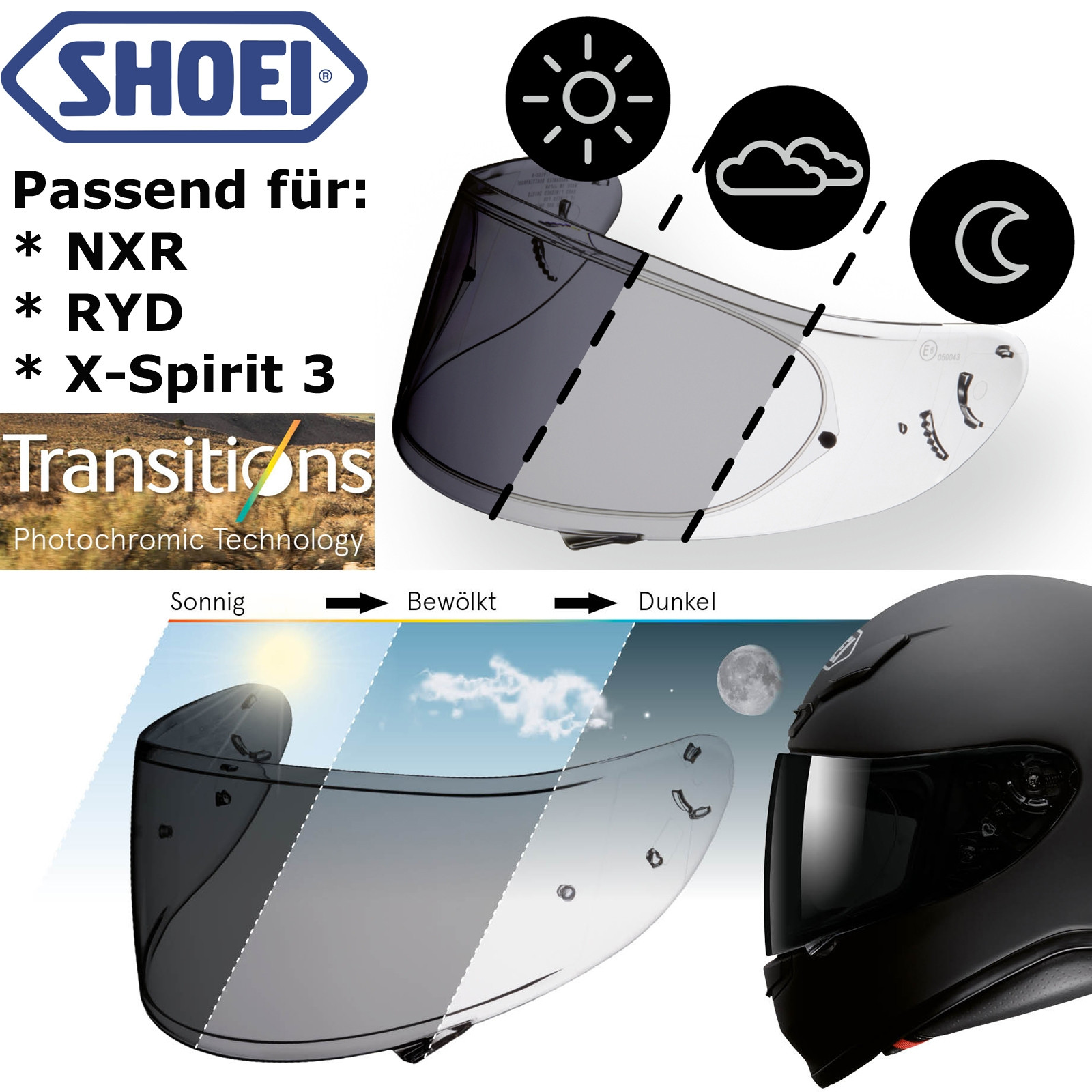 Shoei visir CWR-1 PHOTOCHROMIC til hjelm NXR / RYD / X-Spirit III 3 selvfarvet