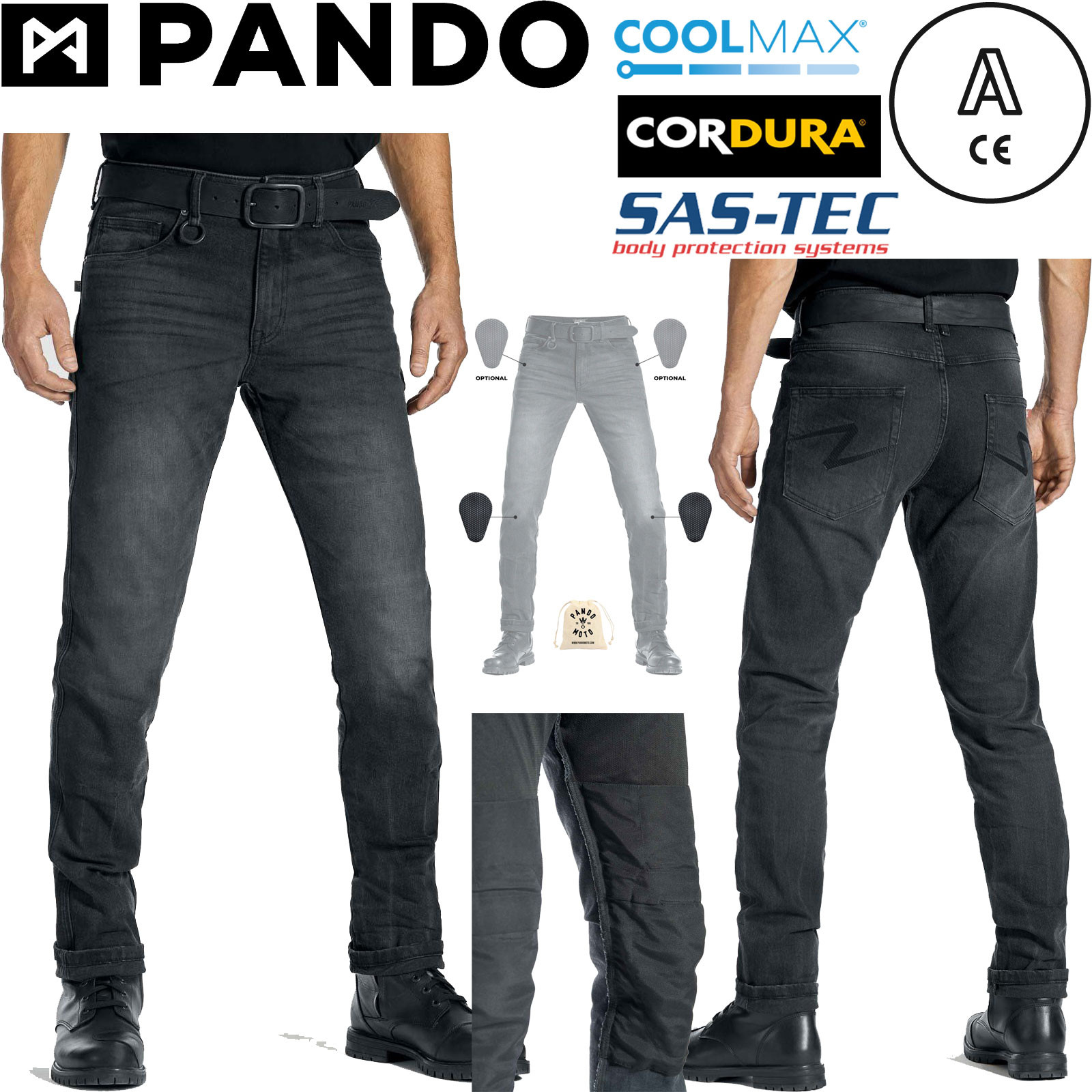 Pando Moto motorcykeljeans ROBBY COR 01 til mænd CE A Cordura CoolMax med SAS-TEC beskyttere